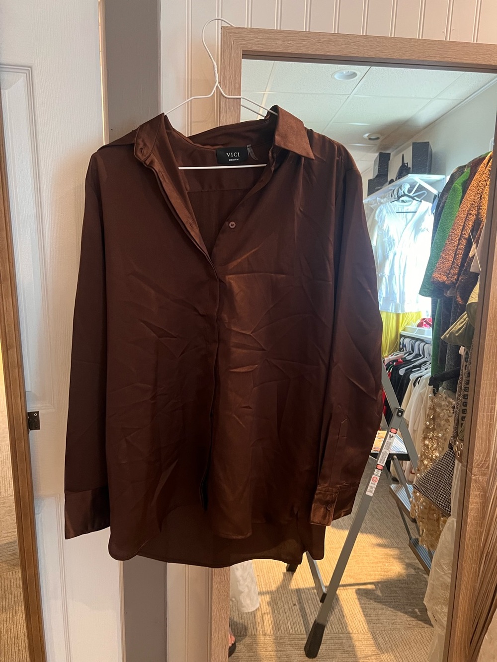 Vici Chocolate Brown Satin Button-Front Shirt Jacket